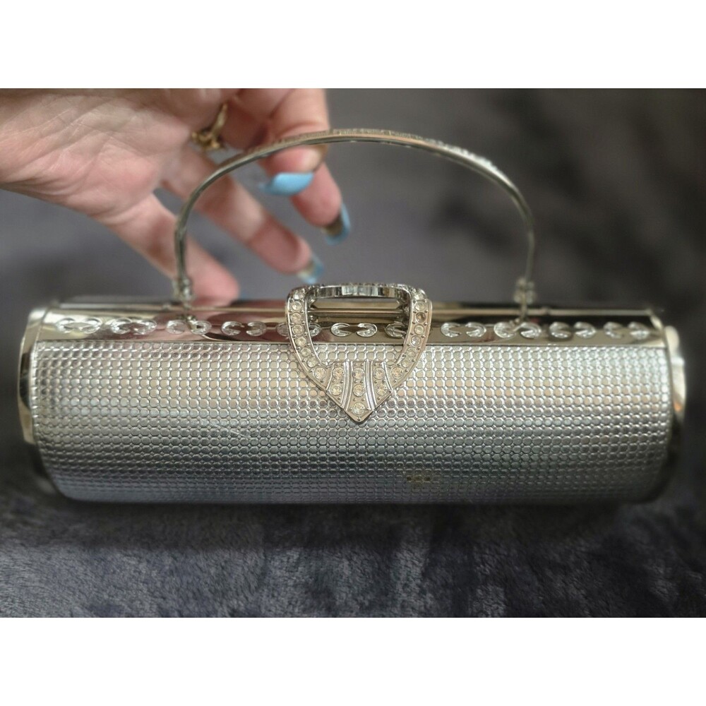 VINTAGE SilverTone MetalFrame Handle Crystal Rhinestones CLUTCH Evening Bag VguC